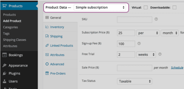 Screenshot der WooCommerce-Administrationsseite mit Abonnementoptionen