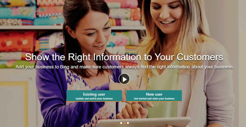 captura de tela da tela inicial para configurar lugares do bing para negócios