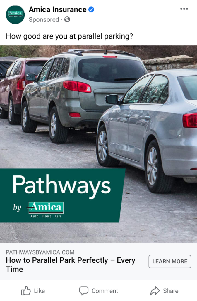 reklama graficzna firmy ubezpieczeniowej przedstawiająca linię zaparkowanych samochodów