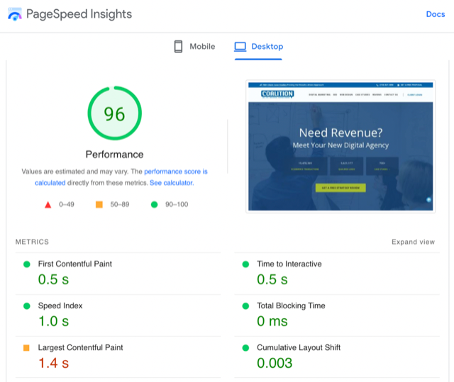 Скриншот результатов Google PageSpeed ​​Insights