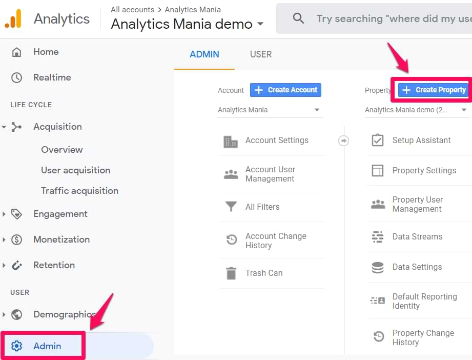 لقطة شاشة توضح كيفية إنشاء خاصية جديدة في Google Analytics
