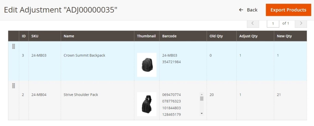 Fonction Magestore Adjust Stock pour Magento 2.3 et 2.4 - voir les détails de l'ajustement des stocks