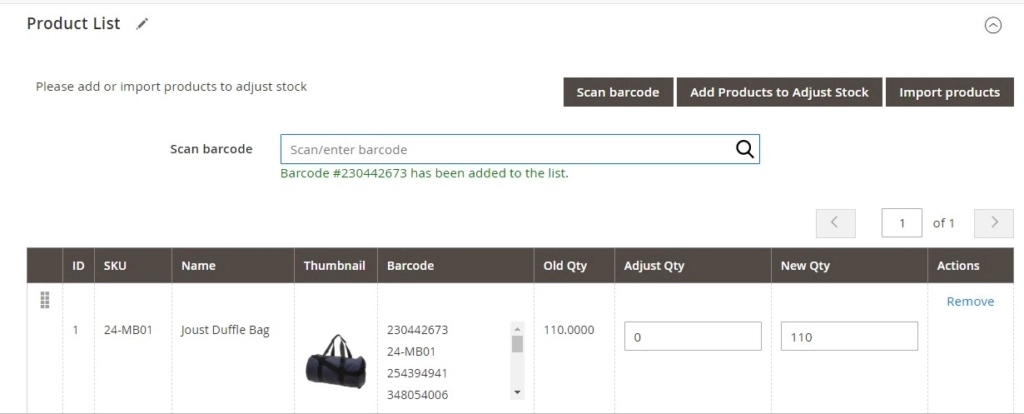Fonction Magestore Adjust Stock pour Magento 2.3 et 2.4 - scanner le code-barres