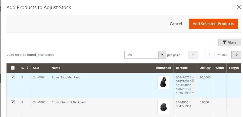 Fonction Magestore Adjust Stock pour Magento 2.3 et 2.4 - sélectionnez le produit dans la liste