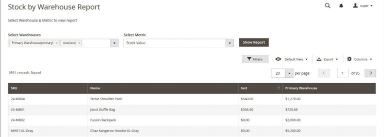 10-stock-by-warehouse-magento 2 relatório de inventário