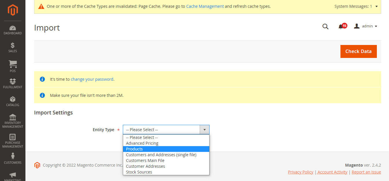 エンティティタイプを製品に選択-magento2に製品をインポートする方法