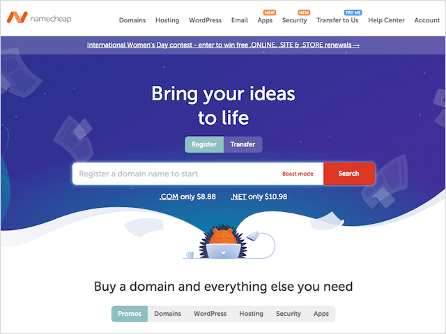 Pagina de pornire Namecheap