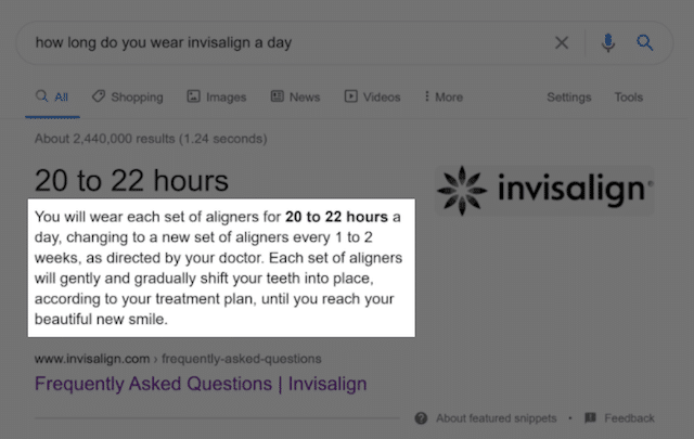 Invisalign FAQ 주요 스니펫 결과