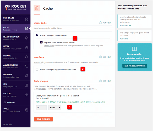 إعدادات WP Rocket Cache