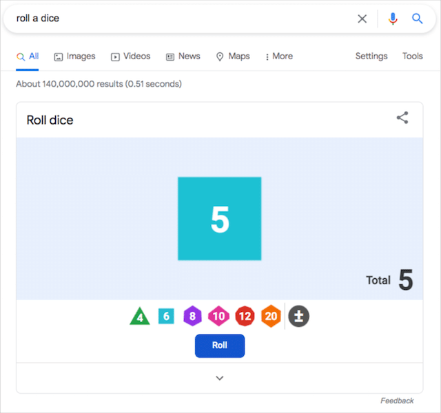 Tirada de dados de truco de búsqueda de Goole