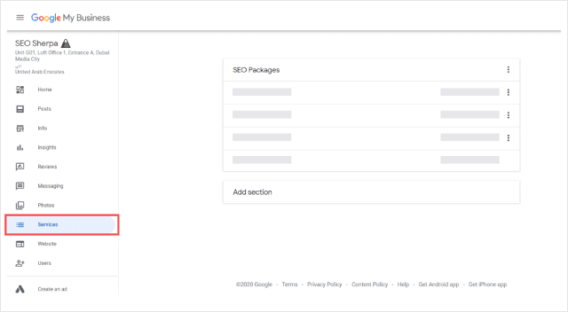 قائمة خدمات Google My Business