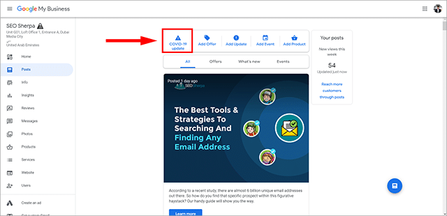 نوع منشور نشاطي التجاري على Google COVID-19