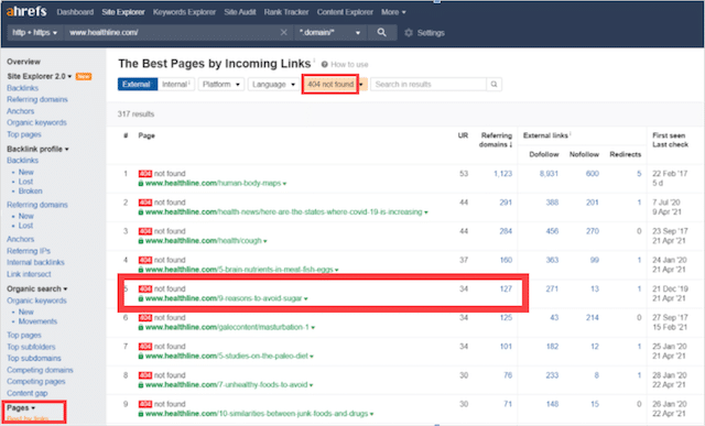 Ahrefs Best by Links 404