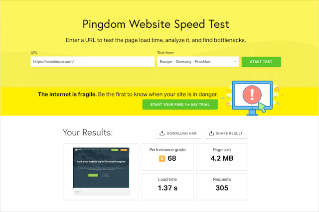 أداة اختبار سرعة الصفحة Pingdom