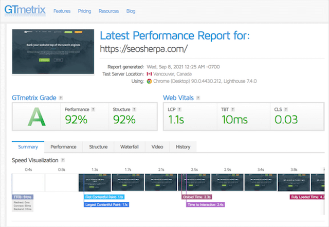 أداة اختبار سرعة موقع الويب GT Metrix
