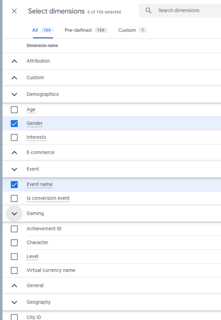 カスタムレポートでディメンションを選択する
