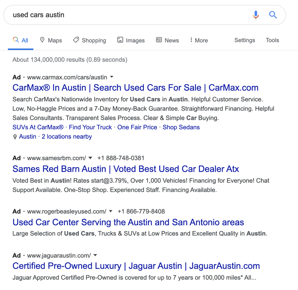 Rezultate organice SERP la căutarea de mașini second hand