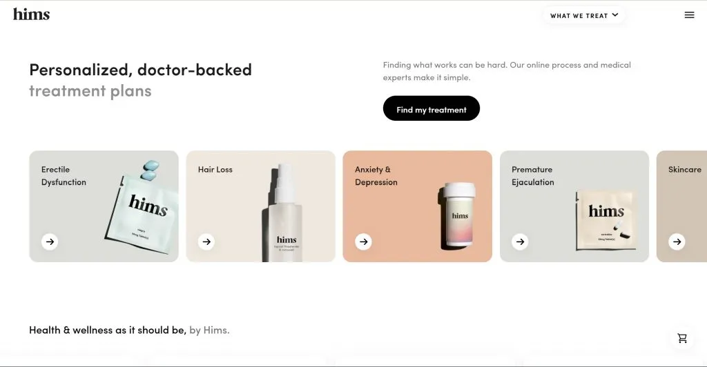 forhims.com 主頁截圖。圖為男性健康產品:ed 藥丸、脫髮血清、焦慮和抑鬱藥瓶