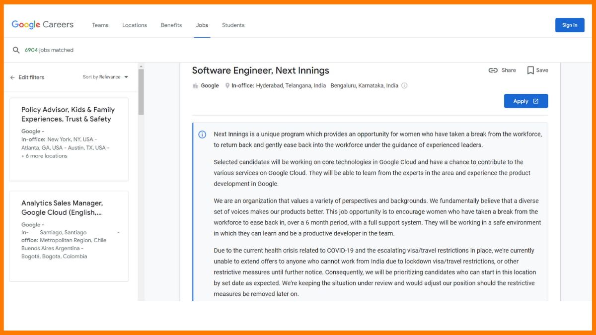 Homepage des Google Next Innings-Programms