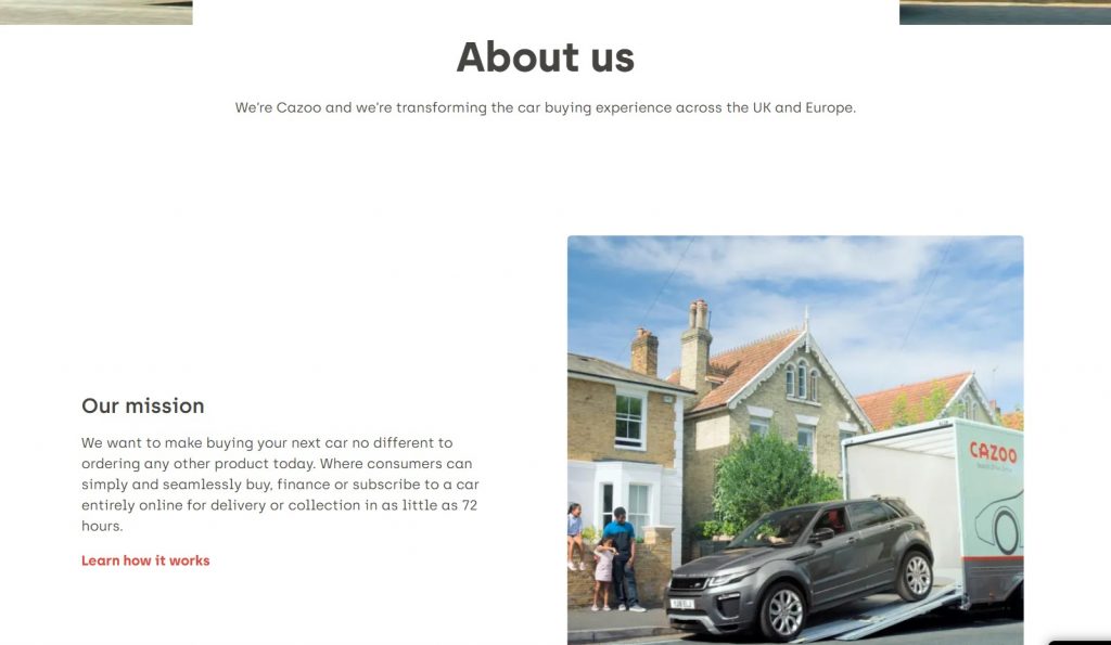 Cazoo about page - Come scrivere un about us per una nuova azienda - Copify blog