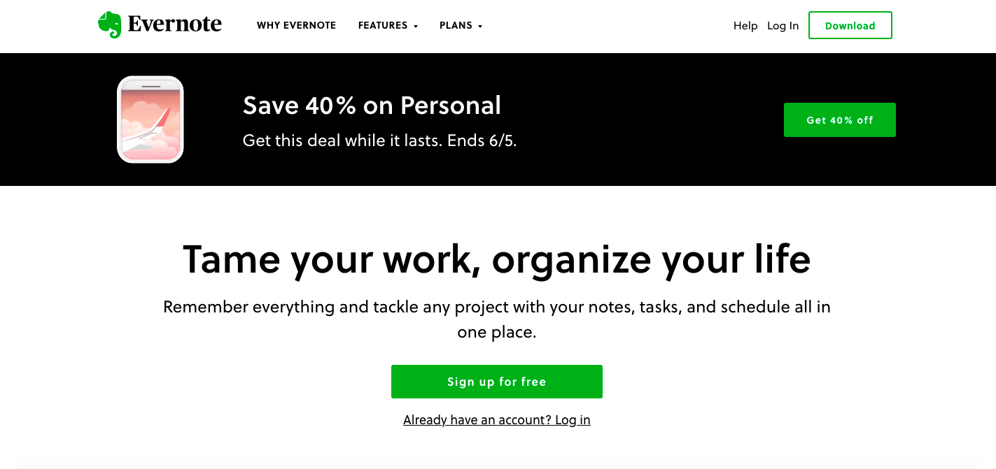 CTAの例Evernoteのホームページ