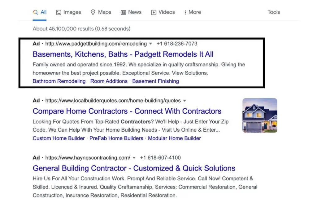 検索結果ページでのGoogle広告の表示例。