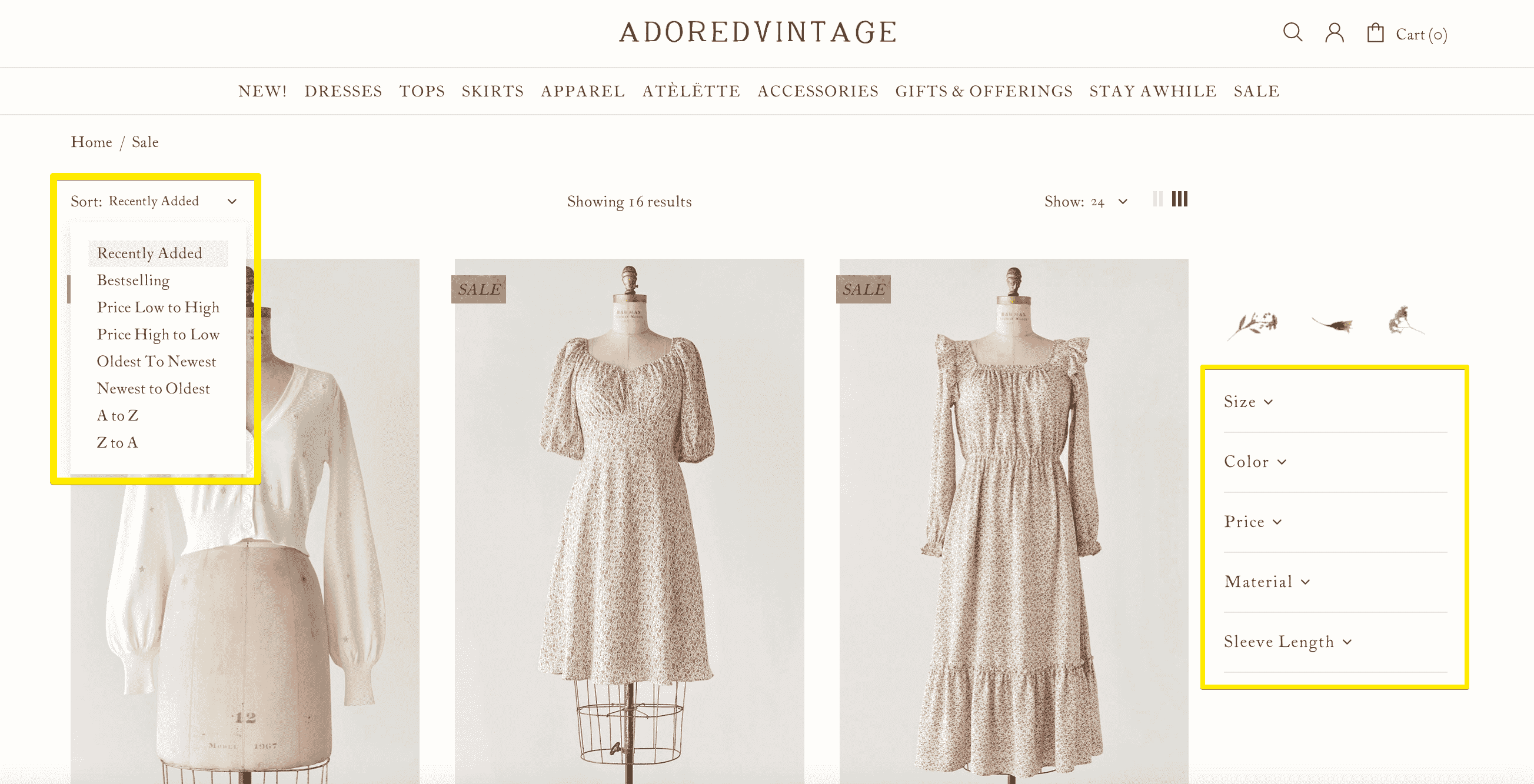 Options de tri et de filtrage du commerce électronique
