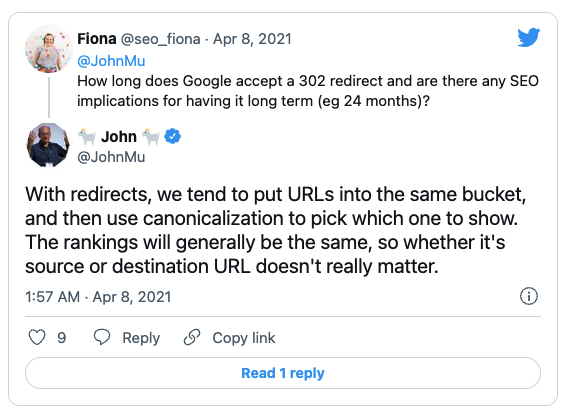 تغريدة من John Mueller حول عمليات إعادة التوجيه لتحسين محركات البحث الفنية