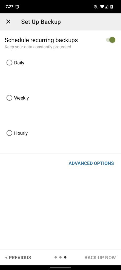 لقطة شاشة للنسخ الاحتياطية المتكررة للرسائل النصية على تطبيق تابع لجهة خارجية