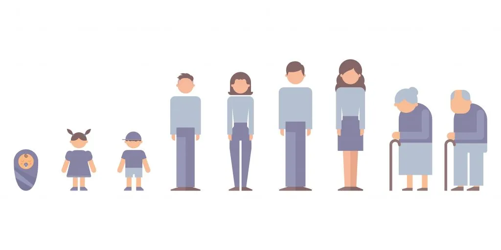 婴儿、儿童、年轻男女、成年男女和老年男女的矢量图像说明人口统计分割