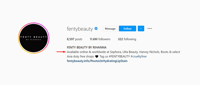 Бизнес-аккаунт Fenty Beauty в Instagram