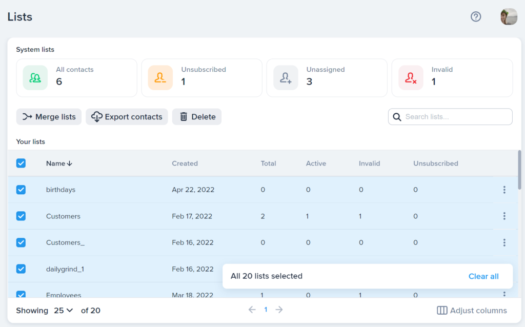 การจัดการการติดต่อจากหน้ารายการ