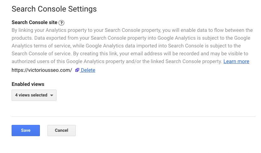 إعدادات وحدة تحكم البحث في لقطة شاشة google analytics
