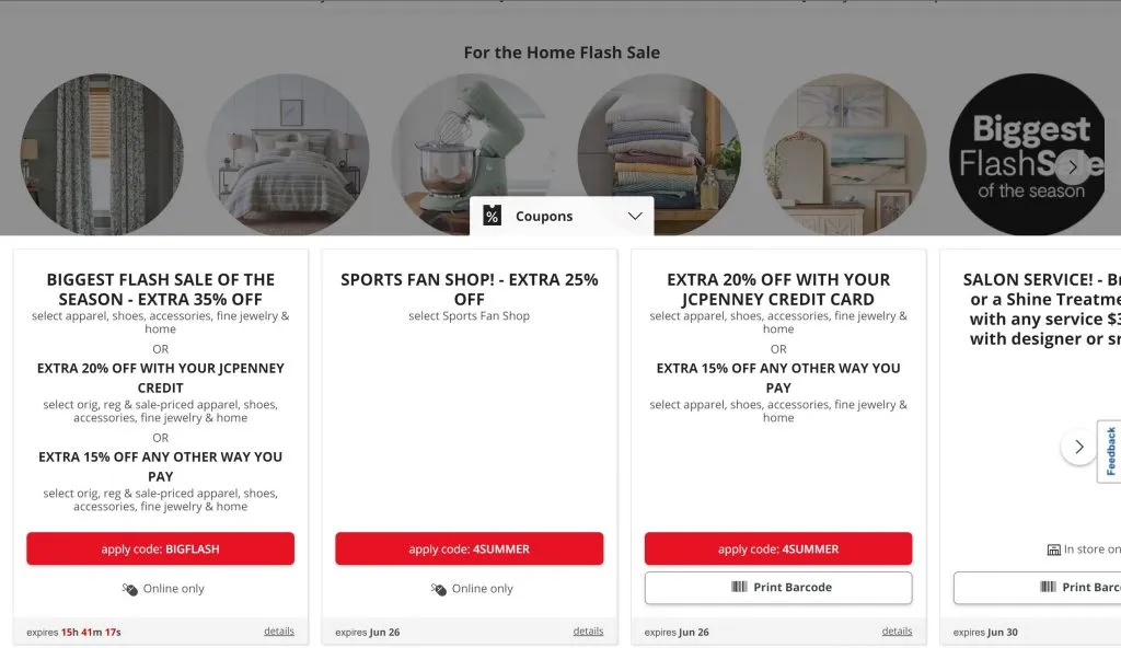 capture d'écran de jcp.com montrant des boutons de code promotionnel cliquables