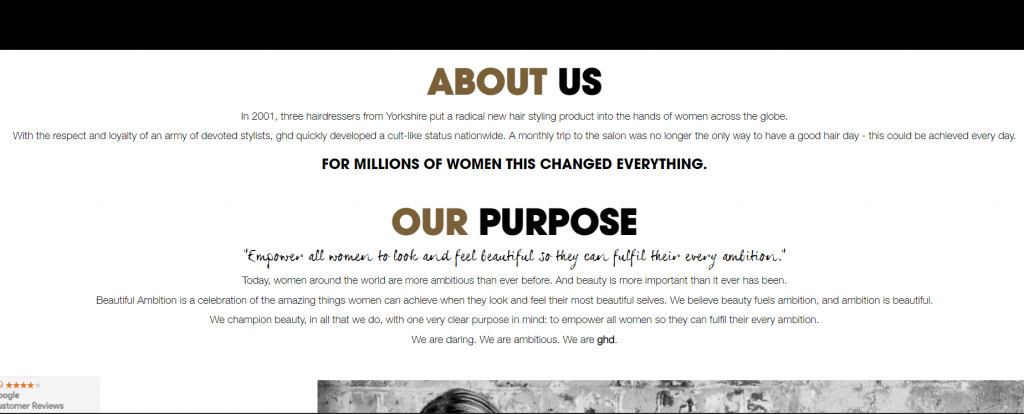 สกรีนช็อตของหน้าเกี่ยวกับ ghd - 3 ตัวอย่างการเขียนคำโฆษณาเล่าเรื่อง - คัดลอกบล็อก