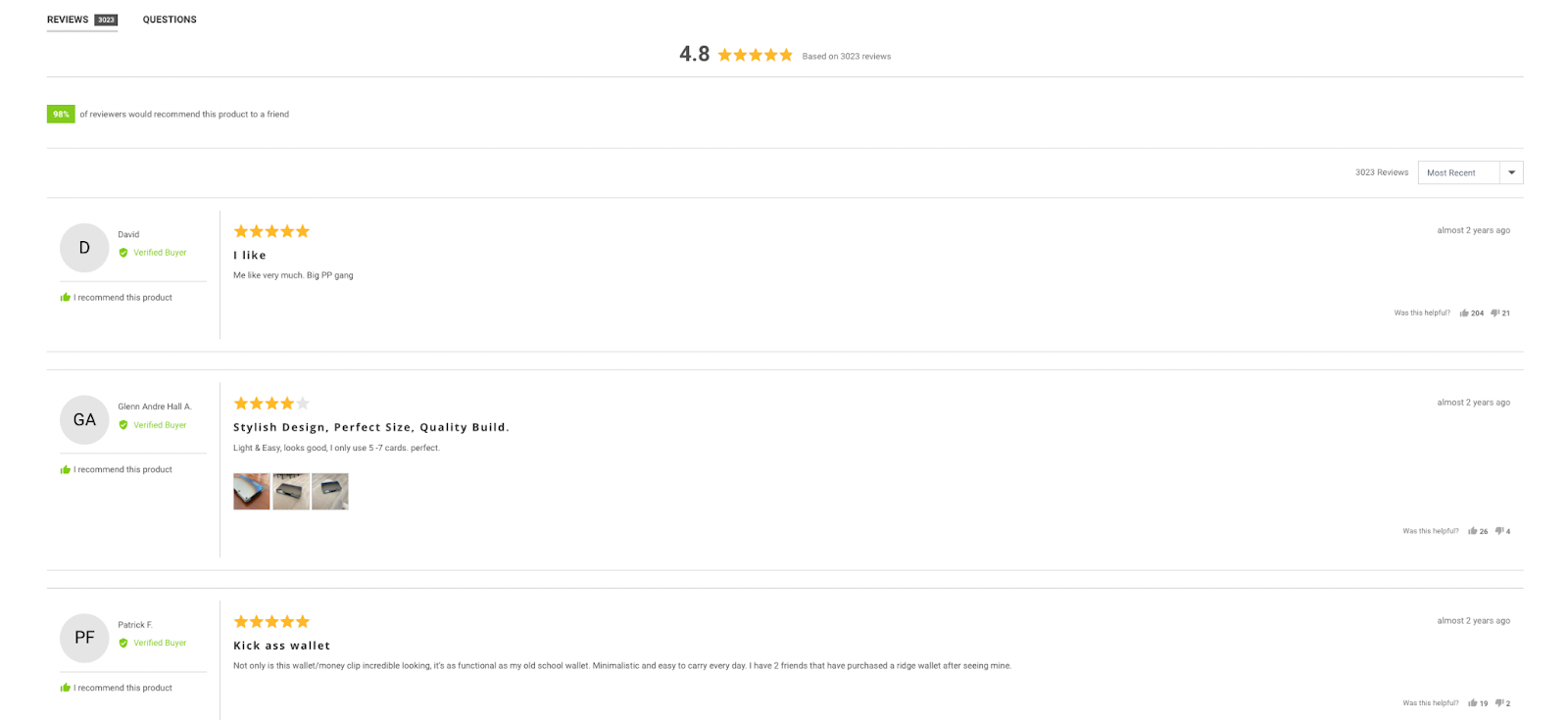 Portofelele Ridge își arată recenziile pe pagina produsului pentru conversii sporite și pentru a arăta dovezi sociale.