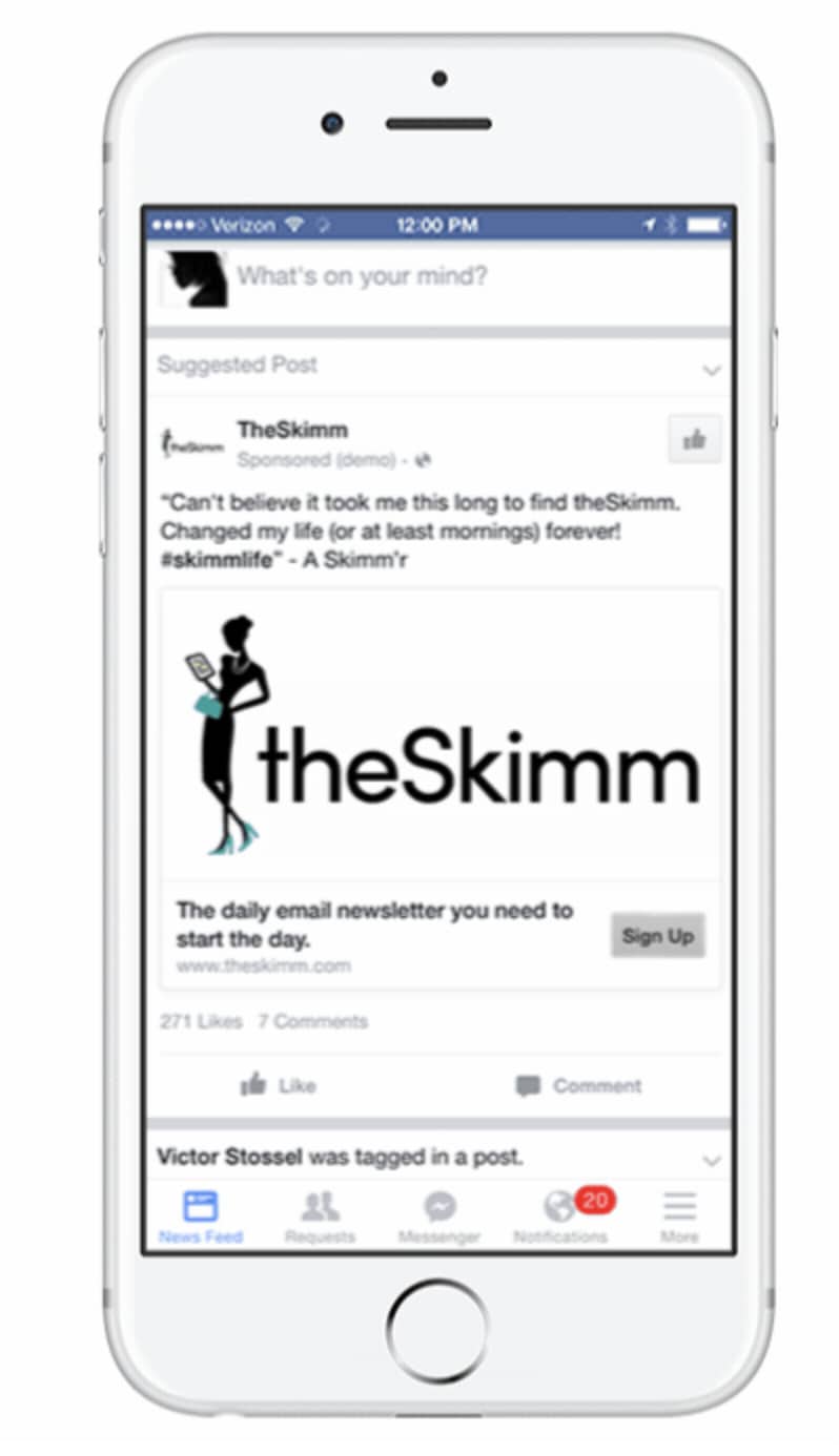 这是 theSkimm 在 Facebook 上发布的用于收集新电子邮件地址的赞助广告。