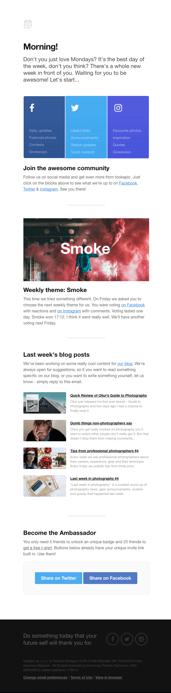 下面的 Tookapic 时事通讯在一页中提供了许多更新，例如以前的帖子、当前主题和社交链接。