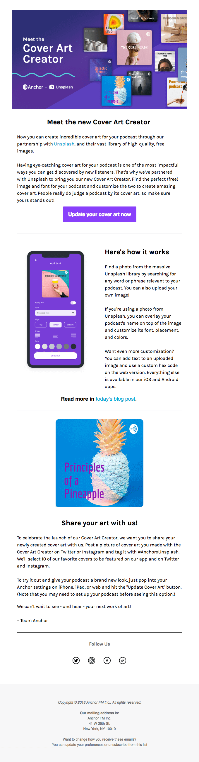 来自 Anchor 的这封电子邮件直截了当,通过将订阅者视为同行来直言不讳地解释了新功能。