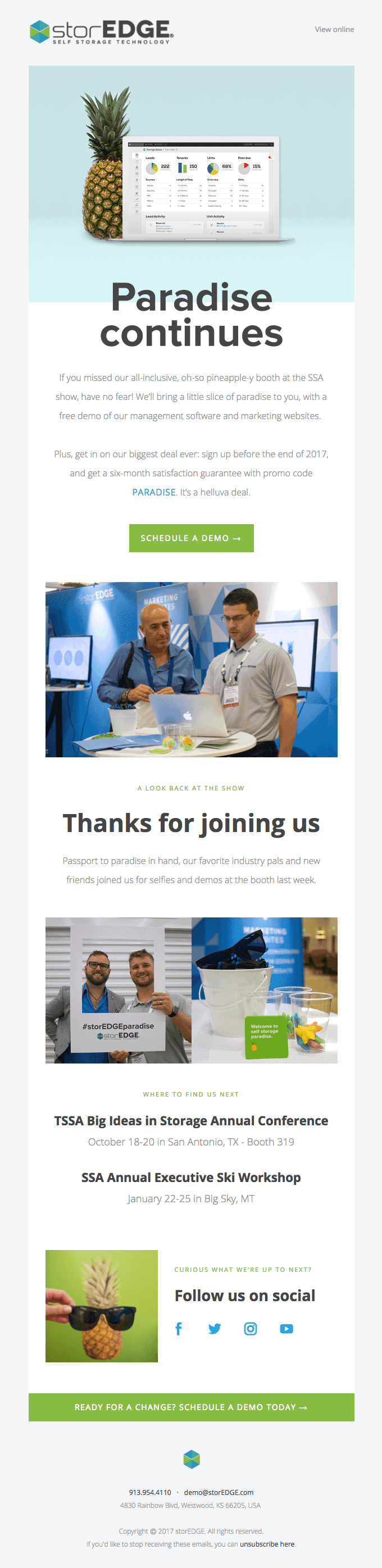 هذا مثال من Storedge. تشجع العلامة التجارية المستخدمين على متابعتها على وسائل التواصل الاجتماعي لتسهيل المزيد من المحادثات المستقبلية.