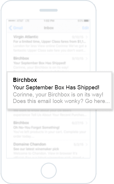 antetul este textul gri de sub linia de subiect „Birchbox: cutia ta din septembrie a fost expediată”.