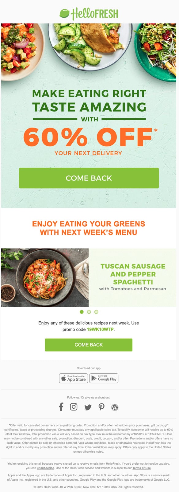 6.赢回活动尝试通过潜在客户培育电子邮件赢回老客户没有错 - 除非他们取消订阅您的电子邮件。作为您对该组的主要培养活动的一部分，不时包含一封诱人的促销电子邮件是完全可以的。事实上，您的客户希望收到您的促销电子邮件。与其他渠道相比，超过 75% 的人更愿意通过电子邮件接收这些类型的消息。 HelloFresh 有一个针对以前客户的电子邮件的一个很好的例子。这封电子邮件有两个重要的号召性用语和一个促销交易，对于某些人来说可能很难通过。此外，它还可以窥见现在可用的一些食物选择。