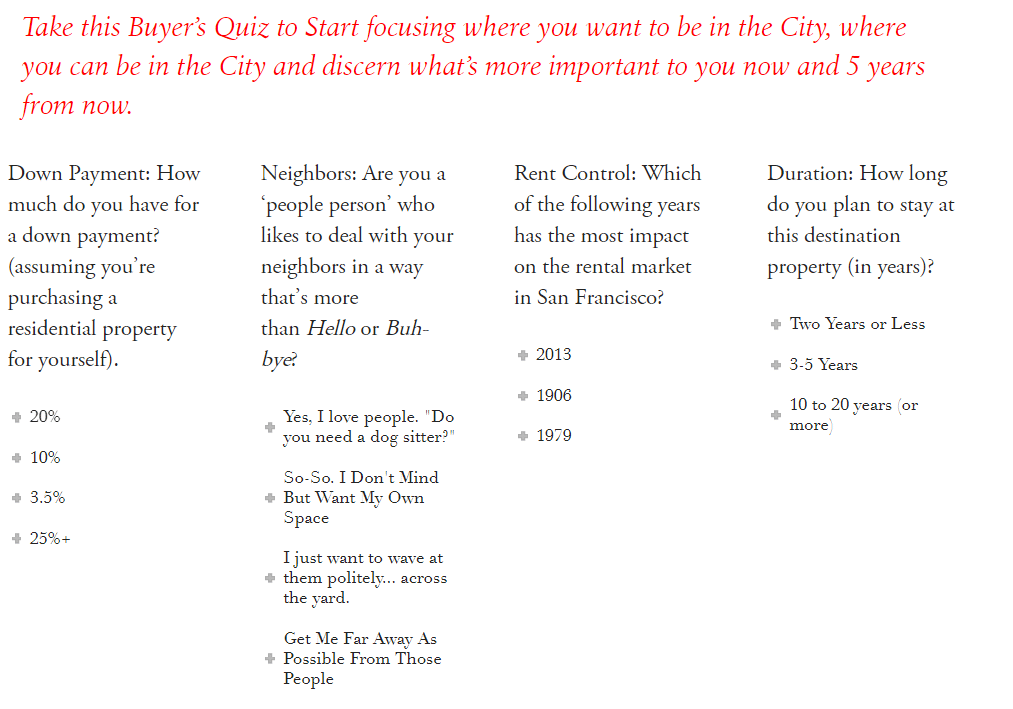 クイズのトピックは、不動産の事実から、「家を購入する準備はできていますか？」などの知識に関係のないものまで多岐にわたります。