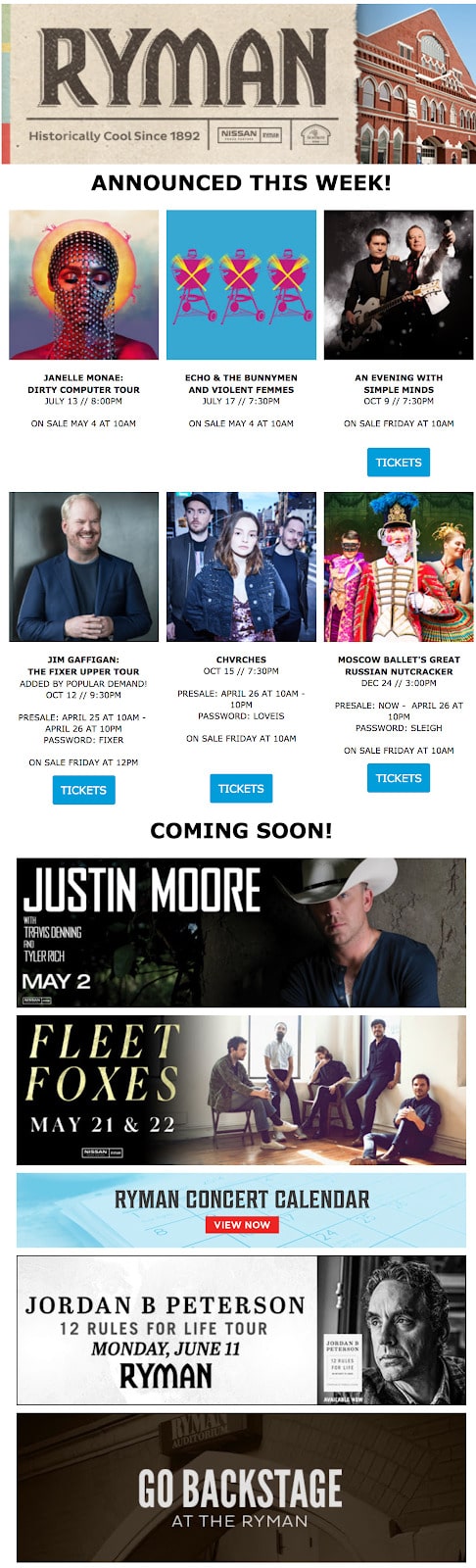 Посмотрите, как Ryman заставляет своих подписчиков чувствовать себя особенными, держа их в курсе недавно анонсированных шоу: