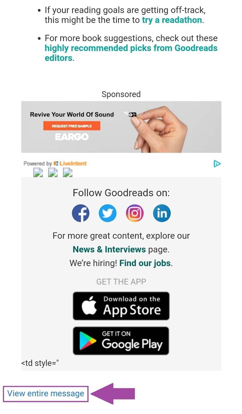 Goodreads มีลิงก์ "ดูใน" ที่ส่วนท้ายของอีเมลและติดป้ายกำกับว่า "ดูข้อความทั้งหมด"