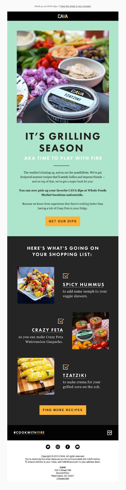 Veja este exemplo CAVA Dips, que utiliza uma fonte de corpo com serifa fácil de ler, combinada com um título mais estilizado e uma frase de chamariz.
