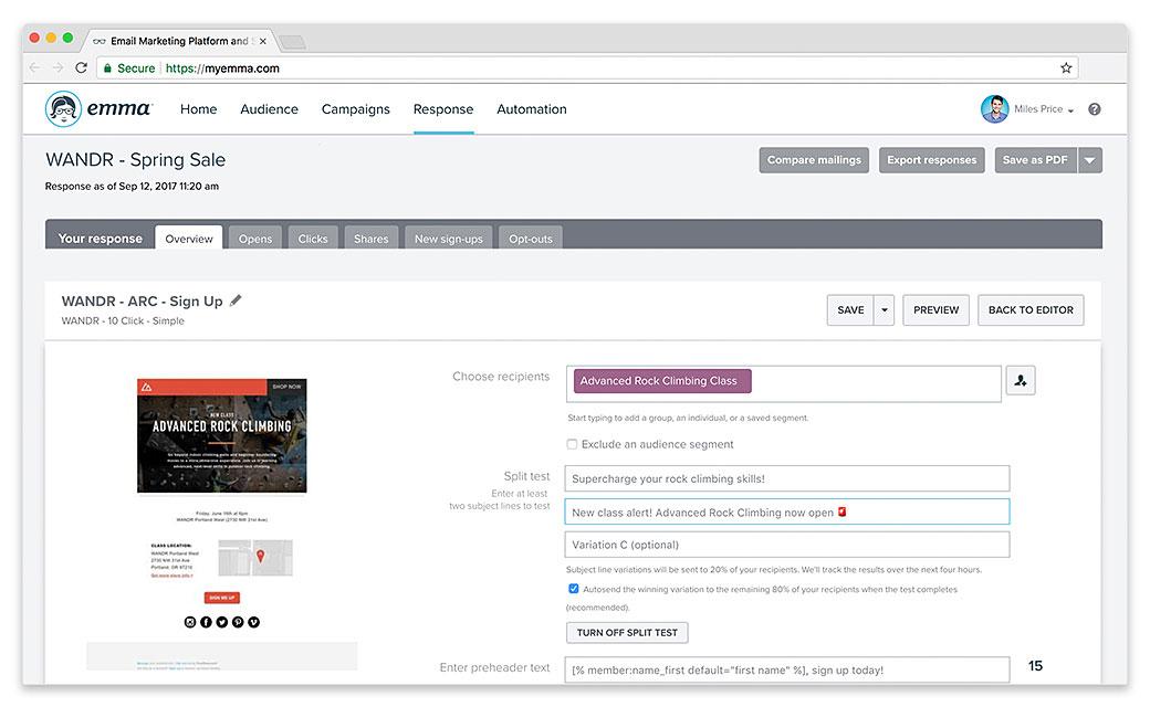 Com Emma, ​​você pode experimentar duas versões de uma linha de assunto para um público de amostra menor. Uma vez que você possa determinar qual teve o melhor desempenho, ele será entregue ao resto do seu público.