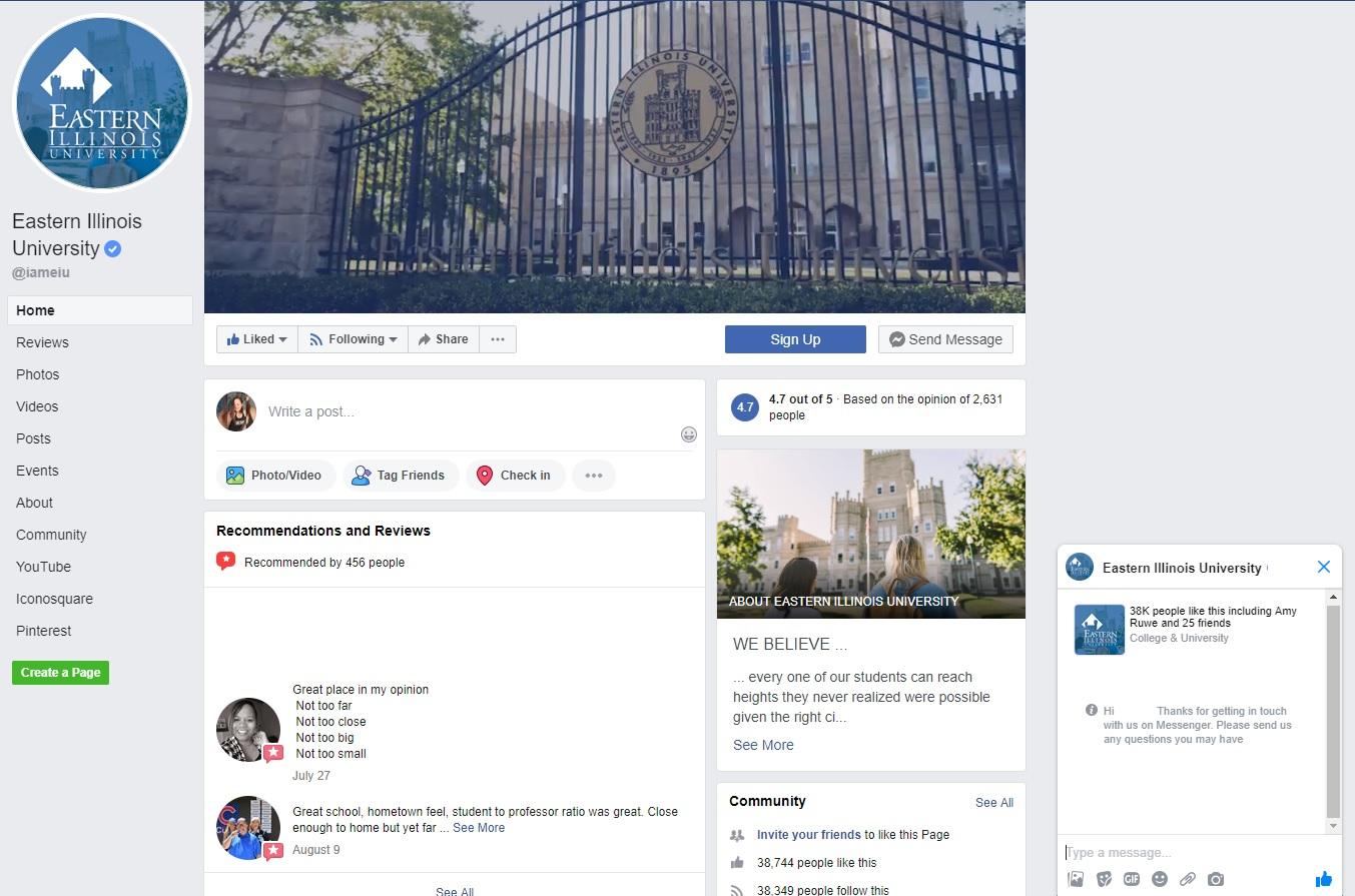 A Eastern Illinois University oferece aos clientes em potencial muitas maneiras de se conectar por meio de sua página no Facebook
