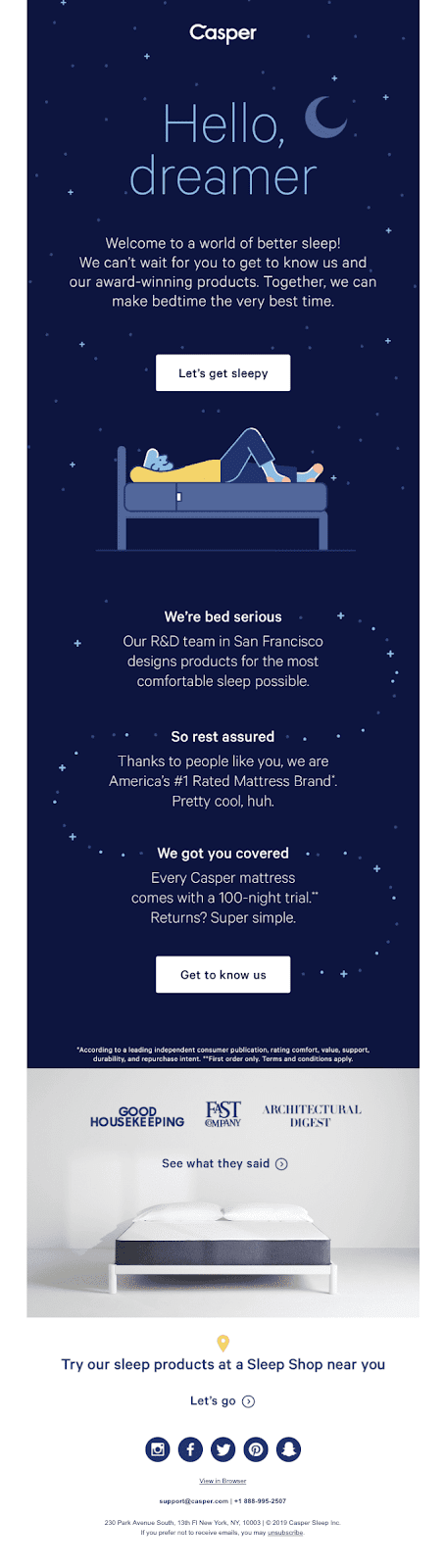 Casper envia uma série de boas-vindas atraente para novos assinantes que apresenta sua marca e credenciais.