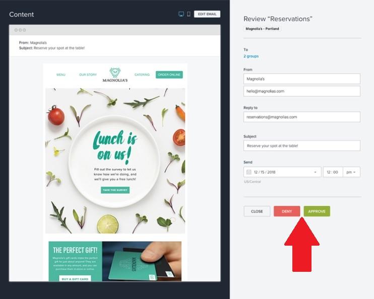 Emma HQ oferă aprobare pentru toate e-mailurile de franciză înainte ca francizații să poată apăsa trimitere.